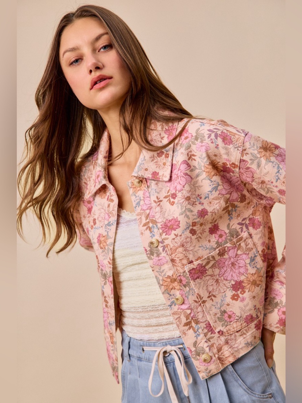SO ME Floral Print Cotton Twill Button Down Barn Jacket - Picture 4 of 8